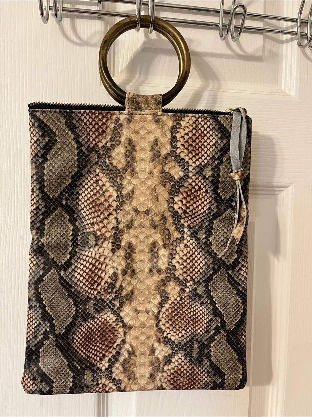 Snake-Print Ring-Handle Wristlet Clutch in Brown and Black leather